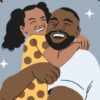 A joyful couple embraces and smiles together, showing warmth and affection.
