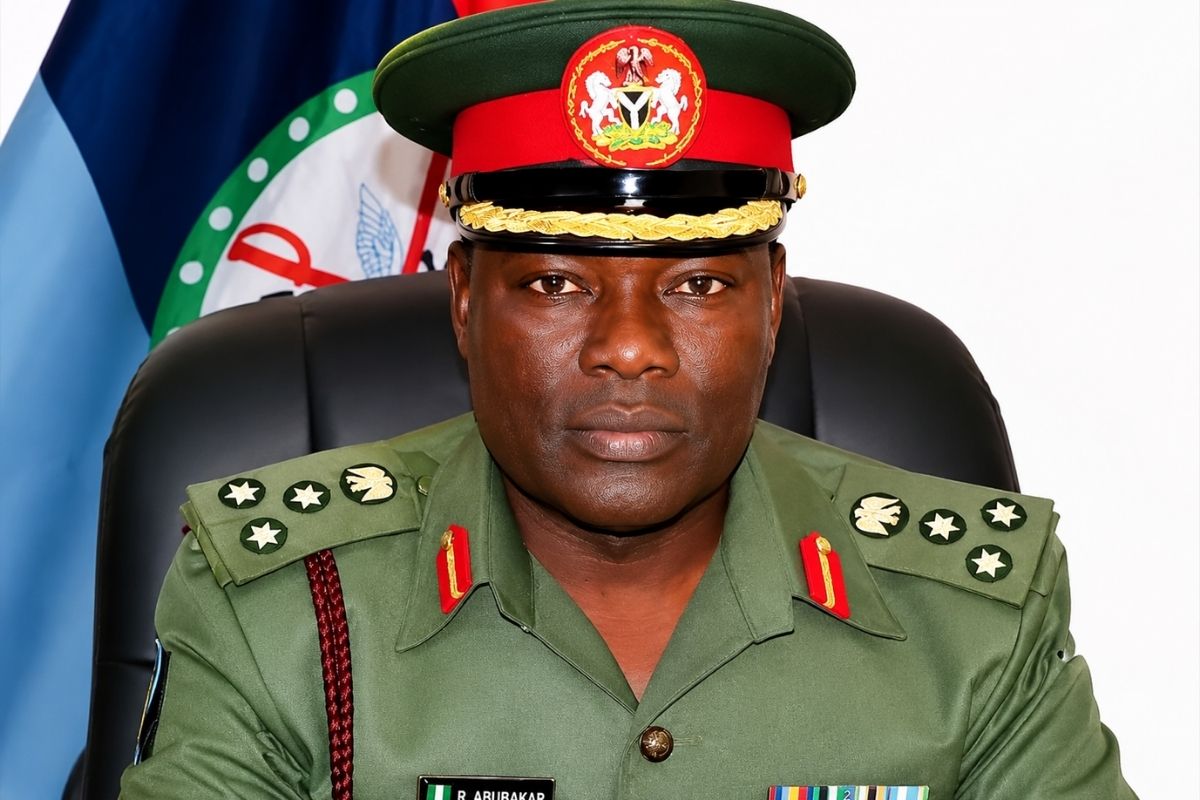 Front-facing high-ranking military officer in green dress uniform with medals, seated in a chair with a flag behind.