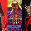 Collage of three scenes: a rapper in a red jacket and sunglasses performing, a golden World Cup trophy on a colorful stage, and a rapper in a red hoodie making a hand gesture.