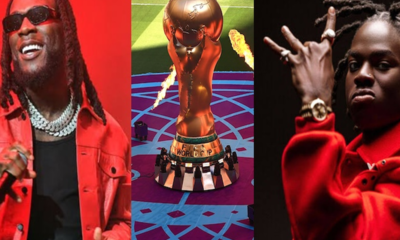Collage of three scenes: a rapper in a red jacket and sunglasses performing, a golden World Cup trophy on a colorful stage, and a rapper in a red hoodie making a hand gesture.