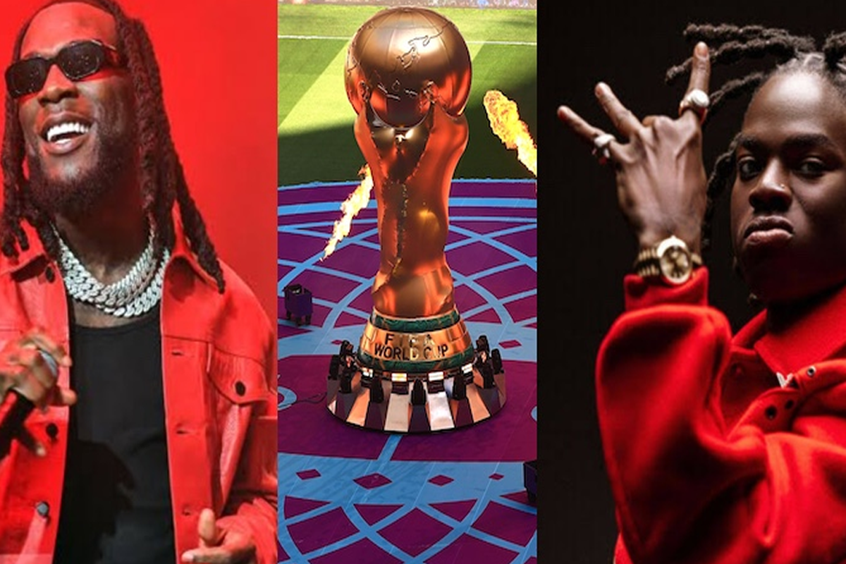 Collage of three scenes: a rapper in a red jacket and sunglasses performing, a golden World Cup trophy on a colorful stage, and a rapper in a red hoodie making a hand gesture.