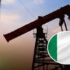 Oil pumpjack silhouetted at sunset with a circular badge showing the Italian flag in the lower-right corner