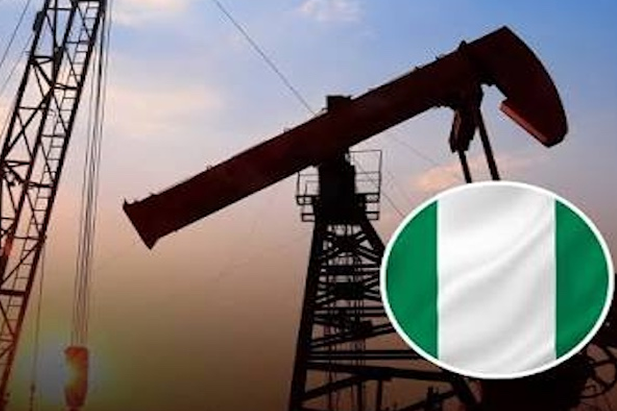 Oil pumpjack silhouetted at sunset with a circular badge showing the Italian flag in the lower-right corner