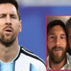 Man in a white and light-blue Argentina soccer jersey faces the camera; a red-framed inset shows two men taking a selfie together beside him.