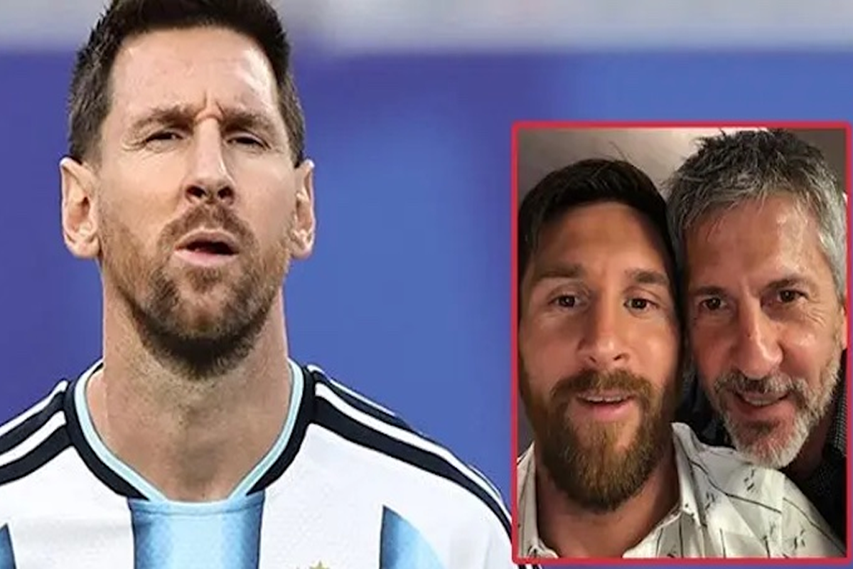 Man in a white and light-blue Argentina soccer jersey faces the camera; a red-framed inset shows two men taking a selfie together beside him.