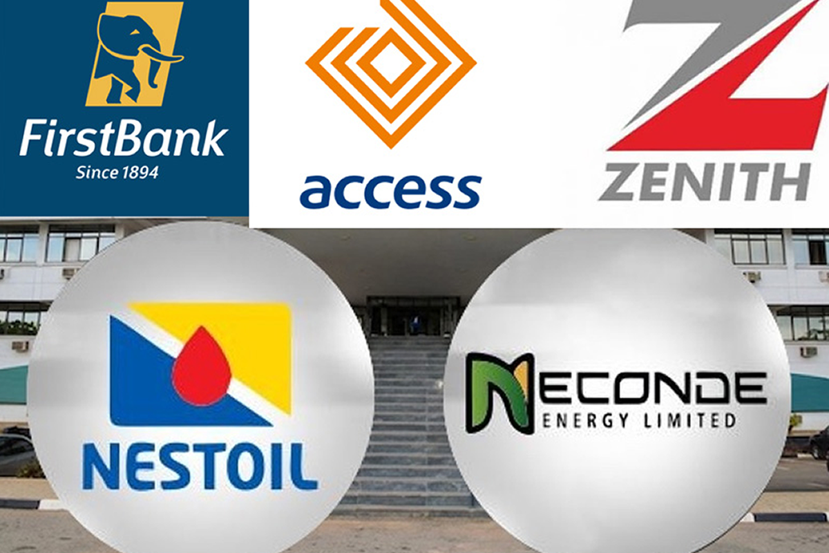 Collage of corporate logos (FirstBank, Access, Zenith, NestOil, and Neconde Energy Limited) displayed on large spheres in front of an office building.