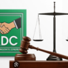 Green African Democratic Congress (ADC) logo with a handshake beside a wooden gavel and scales of justice behind it, symbolizing agreement and law.