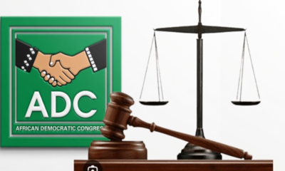 Green African Democratic Congress (ADC) logo with a handshake beside a wooden gavel and scales of justice behind it, symbolizing agreement and law.