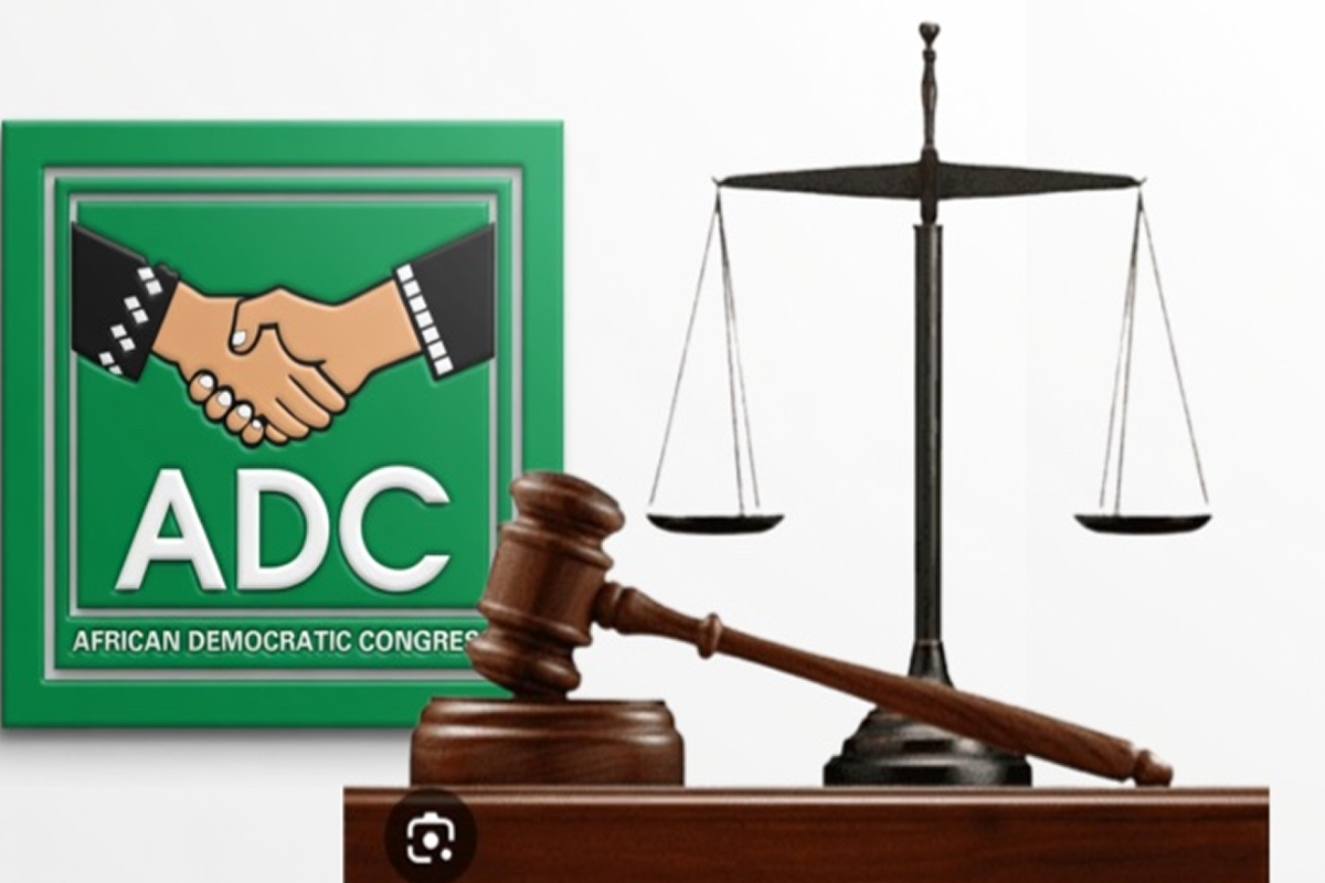 Green African Democratic Congress (ADC) logo with a handshake beside a wooden gavel and scales of justice behind it, symbolizing agreement and law.