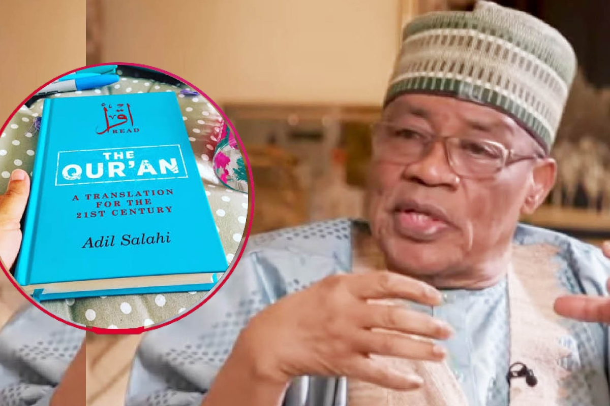 Man in a traditional cap and glasses speaks, with a turquoise copy of The Qur'an (translation for the 21st century) visible in a circular inset labeled by Adil Salahi.