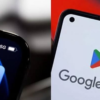 Split-screen image showing the iPhone App Store icon with 5G status on the left and a Google Play screen on the right, indicating app marketplaces comparison.