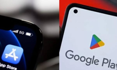 Split-screen image showing the iPhone App Store icon with 5G status on the left and a Google Play screen on the right, indicating app marketplaces comparison.