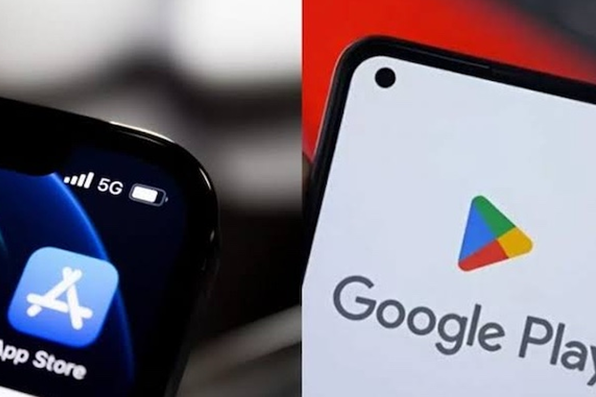Split-screen image showing the iPhone App Store icon with 5G status on the left and a Google Play screen on the right, indicating app marketplaces comparison.