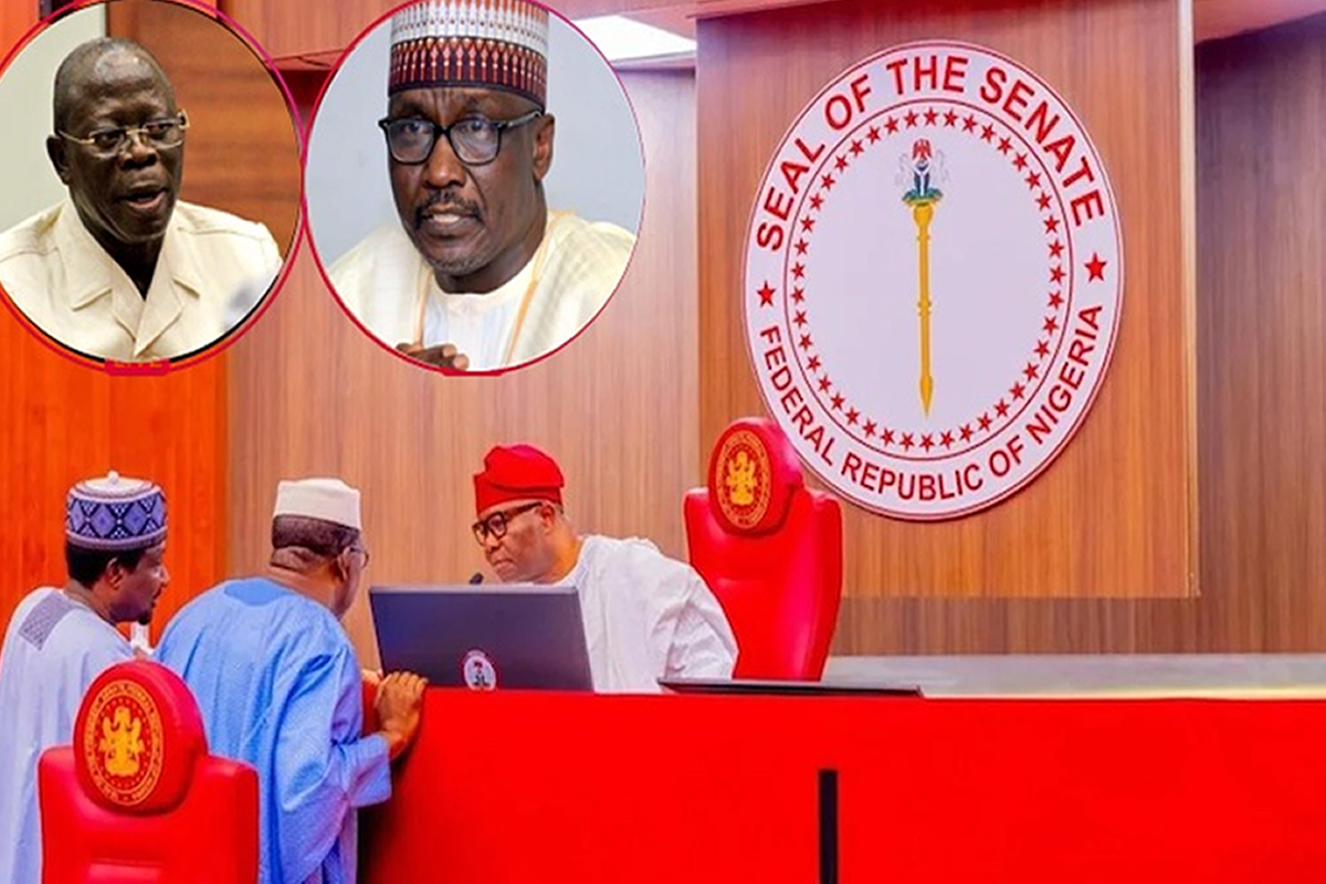 Senate chamber scene with the Seal of the Senate of Nigeria on the wall and three officials at a red desk discussing over a laptop.