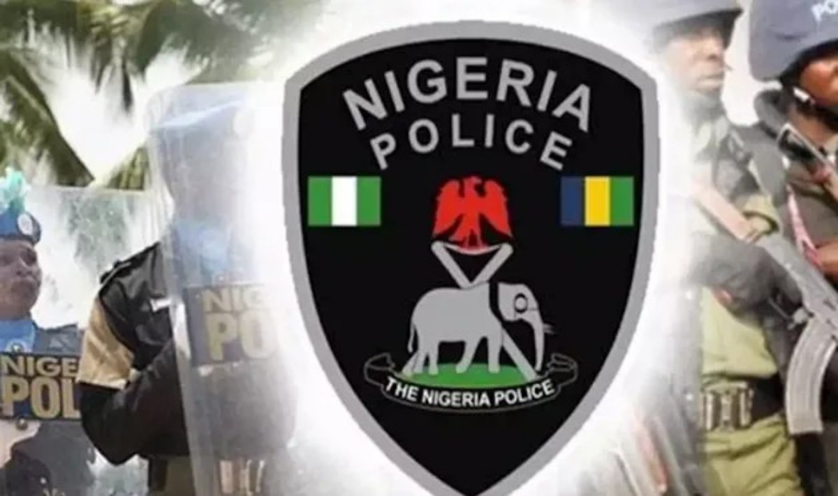 Nigeria Police emblem on a shield with officers in the background, conveying law enforcement.