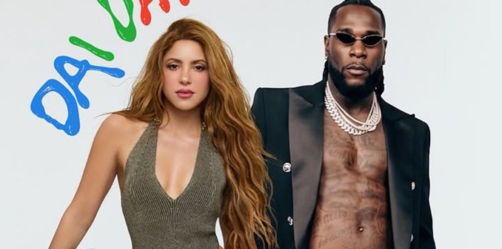 Two stylish individuals pose for a promotional music poster; woman in a metallic halter dress, man in an open blazer with chains and sunglasses against a light background with colorful text.