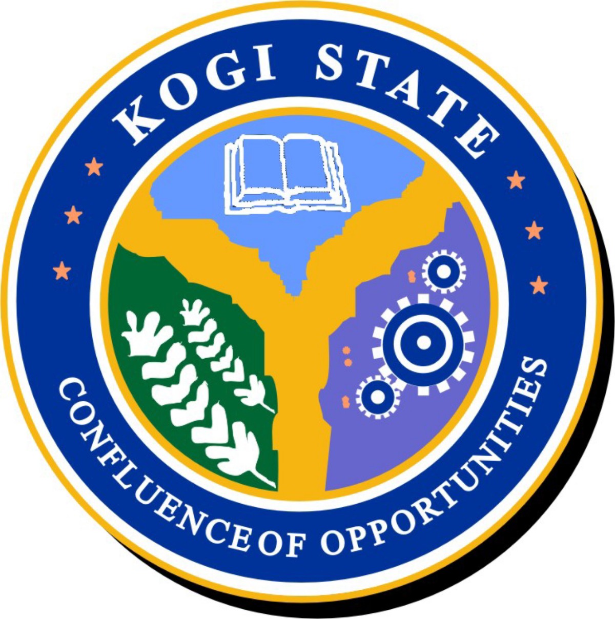 Round seal logo for Kogi State Conference of Opportunities, featuring a blue outer ring and inner map with a book, gears, and plant motifs to symbolize knowledge and industry