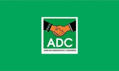 ADC political party logo: two hands shaking inside a green square with white border, the letters 'ADC' and 'African Democratic Congress' text beneath.
