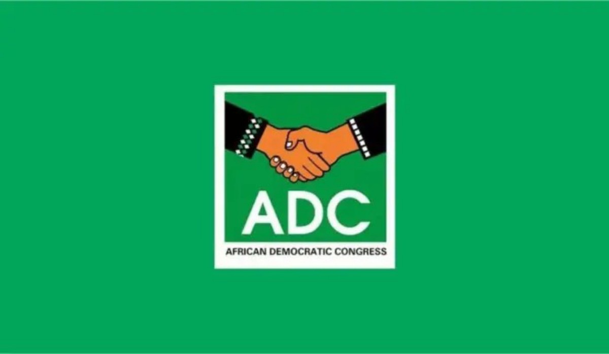 ADC political party logo: two hands shaking inside a green square with white border, the letters 'ADC' and 'African Democratic Congress' text beneath.