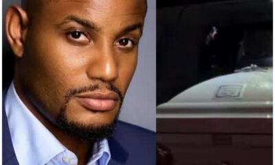 Split image: left a professional head-and-shoulders portrait of a man in a blue suit; right shows a dark background with part of a jet or aircraft and white caption text overhead.