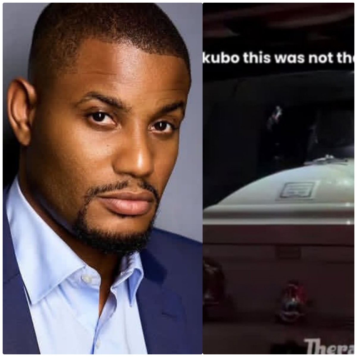 Split image: left a professional head-and-shoulders portrait of a man in a blue suit; right shows a dark background with part of a jet or aircraft and white caption text overhead.