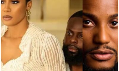 Collage of three people: a stylish woman with short hair on the left, a bearded man peeking from behind in the middle, and a close-up of a man's face on the right.