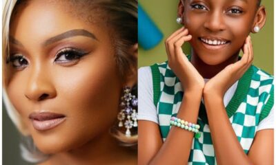 Split-image of two people: left is a close-up of a woman with blonde hair and glamorous makeup; right is a smiling girl in a green-and-white checkered vest with a flower in her hair.
