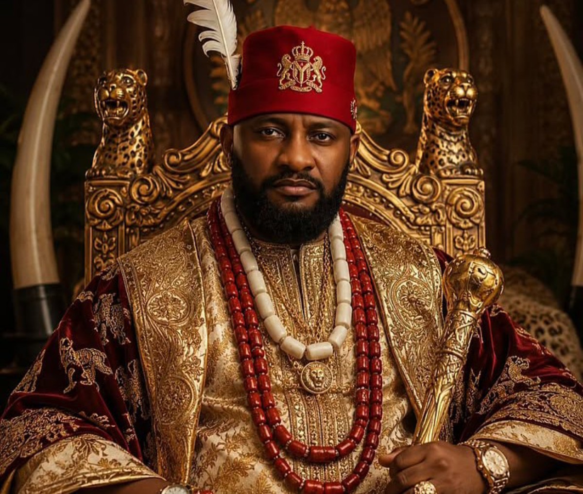 Portrait of a man in an ornate gold-embroidered robe wearing a red cap with a crest, seated on a gilded throne with a scepter and beaded jewelry.