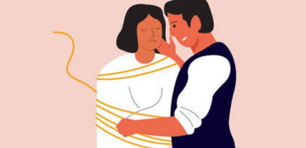 Illustration of a man comforting a sad woman standing close together.