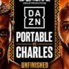 Promotional DAZN boxing poster featuring two male fighters facing off before Portable vs Charles; savanna background.