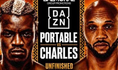 Promotional DAZN boxing poster featuring two male fighters facing off before Portable vs Charles; savanna background.