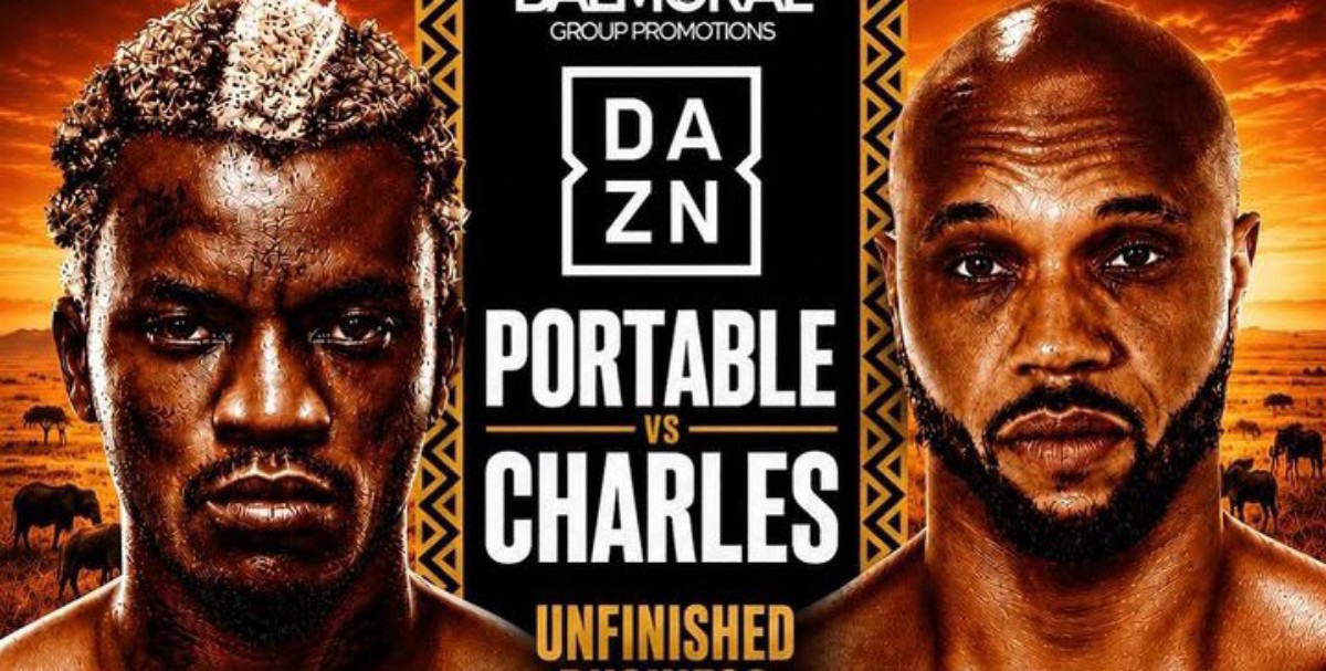 Promotional DAZN boxing poster featuring two male fighters facing off before Portable vs Charles; savanna background.