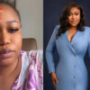 Split-screen: left a woman in a pastel-patterned top rests her head on her hand; right a woman in a light blue blazer dress poses confidently against a dark background.