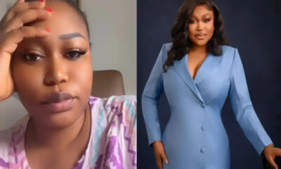 Split-screen: left a woman in a pastel-patterned top rests her head on her hand; right a woman in a light blue blazer dress poses confidently against a dark background.