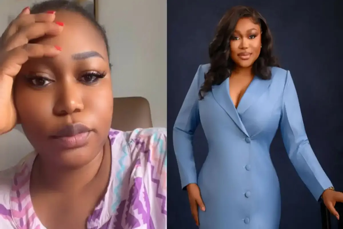 Split-screen: left a woman in a pastel-patterned top rests her head on her hand; right a woman in a light blue blazer dress poses confidently against a dark background.