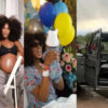 Collage of three scenes: a pregnant woman with her partner indoors, a birthday celebration with balloons and a baby in a bib, and a woman in a beige robe posing beside an open van.
