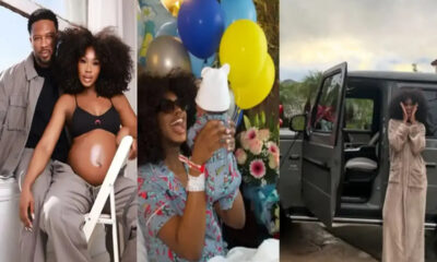 Collage of three scenes: a pregnant woman with her partner indoors, a birthday celebration with balloons and a baby in a bib, and a woman in a beige robe posing beside an open van.