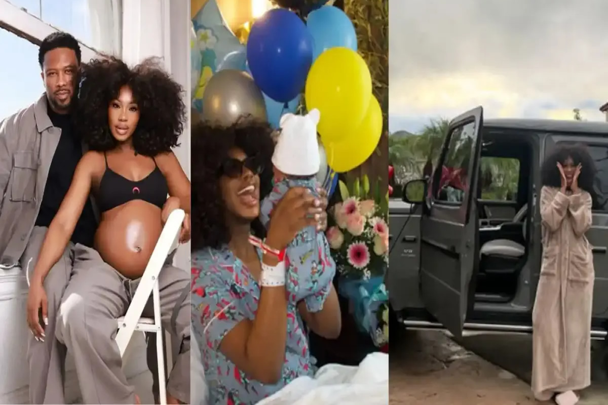 Collage of three scenes: a pregnant woman with her partner indoors, a birthday celebration with balloons and a baby in a bib, and a woman in a beige robe posing beside an open van.