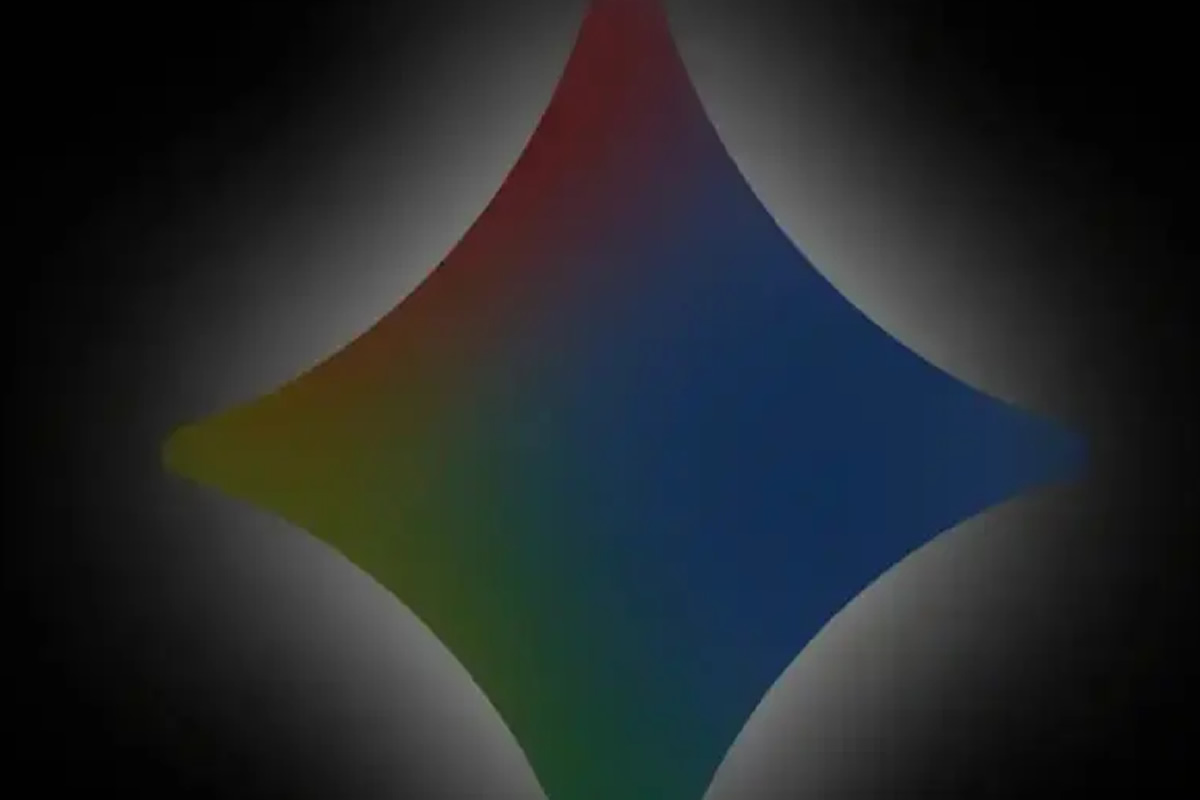 Colorful four-pointed diamond logo with a rainbow gradient against a dark vignette background.