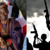 Split image: a smiling man in traditional clothing and jewelry on the left, and silhouetted armed militants raising rifles on the right.