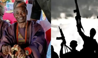 Split image: a smiling man in traditional clothing and jewelry on the left, and silhouetted armed militants raising rifles on the right.