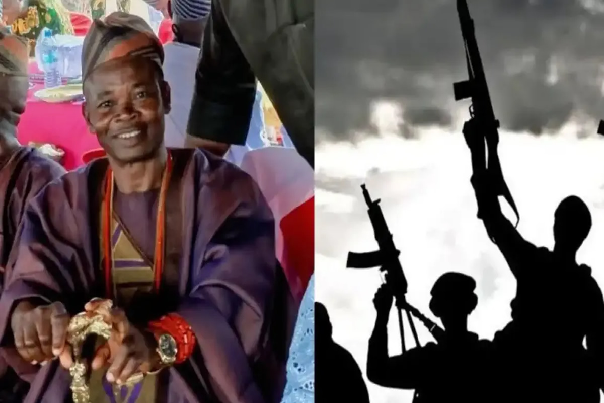 Split image: a smiling man in traditional clothing and jewelry on the left, and silhouetted armed militants raising rifles on the right.