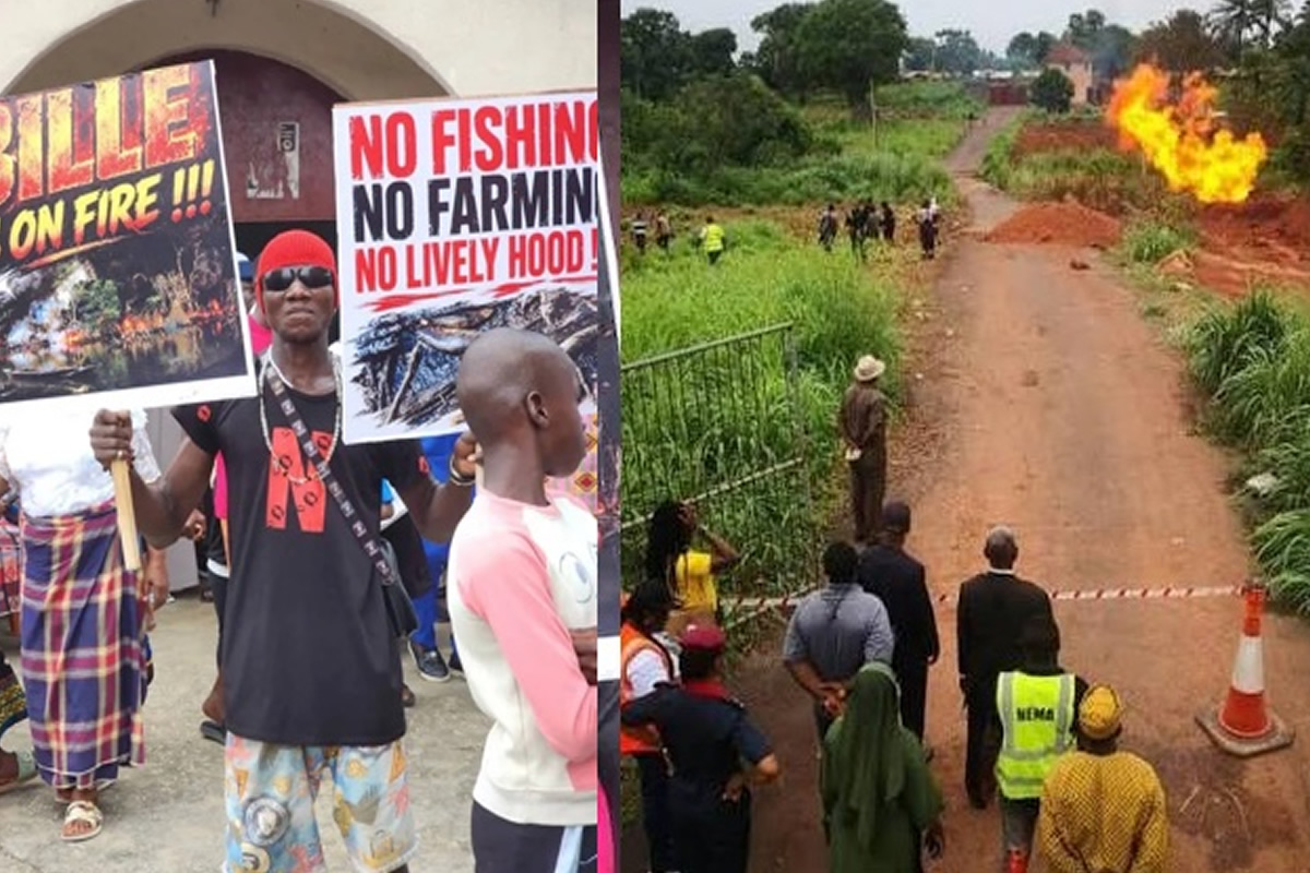 Protesters hold signs reading 'No Fishing, No Farming, No Livelihood' outside a building exterior.