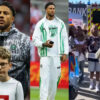 Three-panel collage showing: a man in a bold patterned jacket with a young boy in a white jersey, then a man in a white and green football kit holding a phone, and finally a crowd of fans near an ambulance in the background.