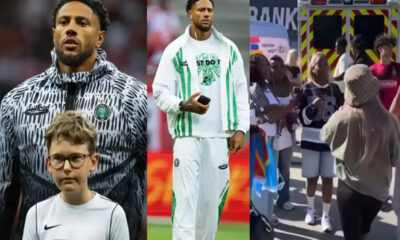 Three-panel collage showing: a man in a bold patterned jacket with a young boy in a white jersey, then a man in a white and green football kit holding a phone, and finally a crowd of fans near an ambulance in the background.