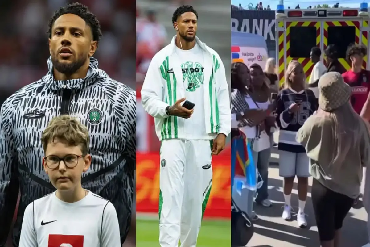 Three-panel collage showing: a man in a bold patterned jacket with a young boy in a white jersey, then a man in a white and green football kit holding a phone, and finally a crowd of fans near an ambulance in the background.