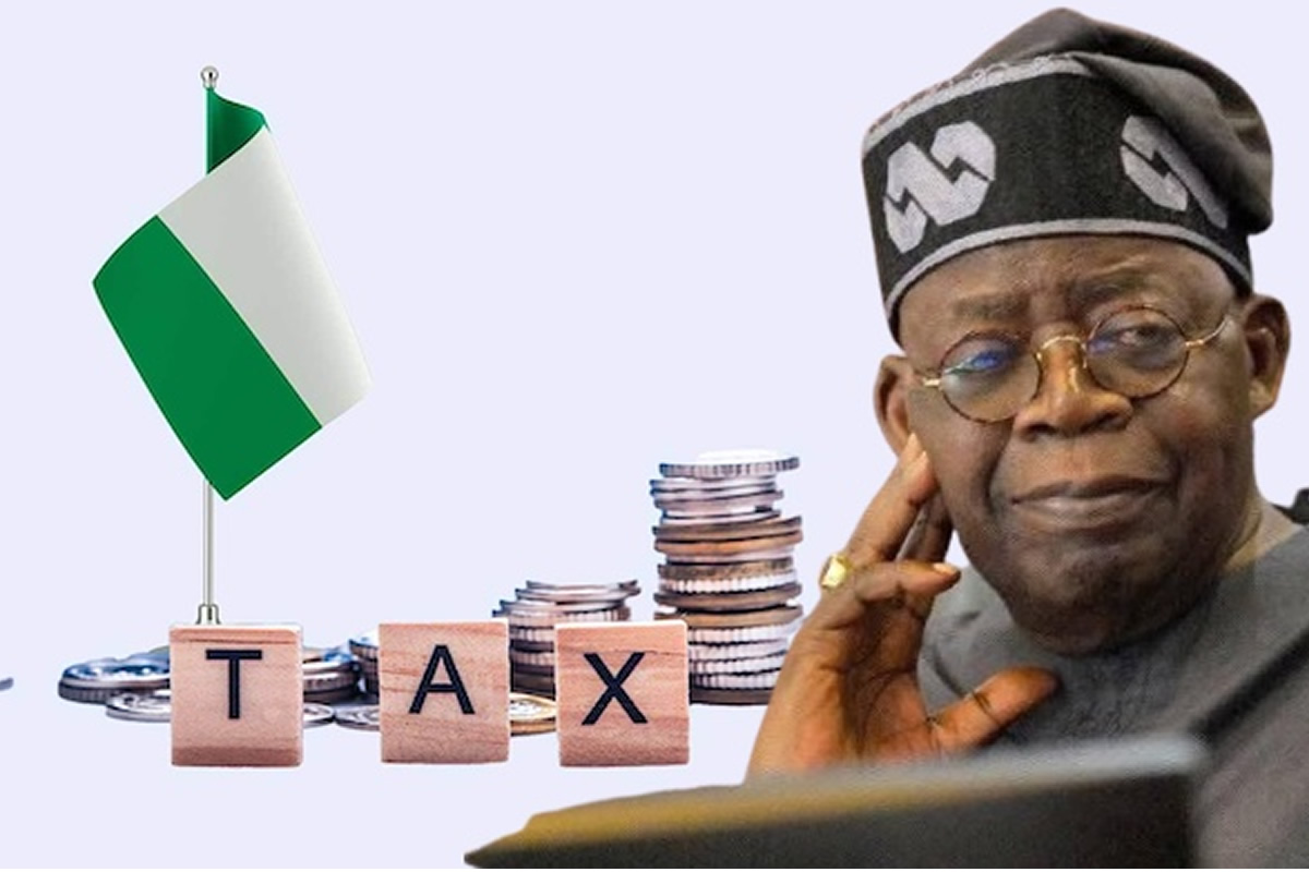 Nigeria tax concept: flag, stacked coins, and blocks spelling TAX beside a thoughtful elder man in traditional attire; conveys taxation in Nigeria.