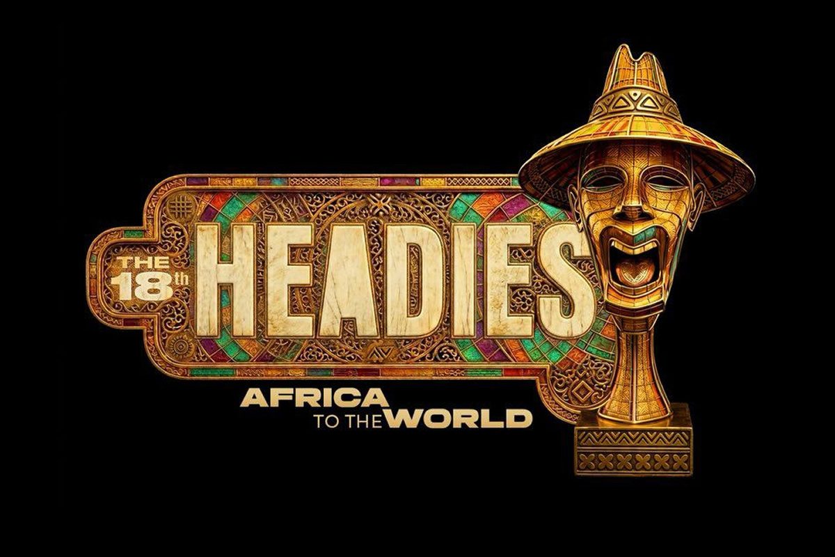 Gold ornate logo reading 'THE HEADIES' with 'AFRICA TO THE WORLD,' featuring a carved gold mask on the right and colorful decorative border on a black background.