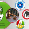 Collage of Nigerian political logos around a central gavel and scales, suggesting law and governance themes.