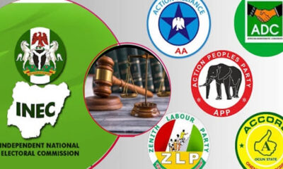 Collage of Nigerian political logos around a central gavel and scales, suggesting law and governance themes.